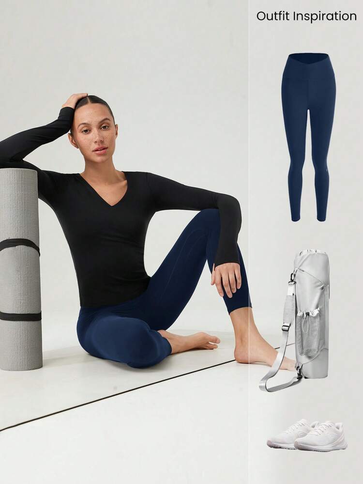 FeatherFit™ Studio Flex Slim Fit V-Neck Long-Sleeve Curved Hem Activewear Tee T-Shirt Low Impact Yoga Studio Pilates Daily Casual Wear Removable Cups