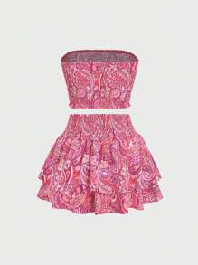 Sweetra Leopard Print Embroidered Tube Top And Layered Skirt Woven Two Pieces Set Y2K Outfit - Red - View 2