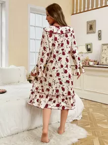 CottageSlumber Floral Print Ruffle Collar Tie Front Women's Nightgown - Multicolor - View 2