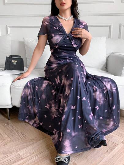 Modelyn 女士优雅扎染蝴蝶印花扭纹连衣裙