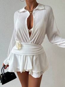 SHEIN Swim Vestido de cubrir blanco con manga de volantes y volante sin bikini para el verano