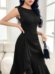 Modelyn Women's Solid Color Round Neck Ruffle Patchwork Midi Elegant Dress - Black - View 3