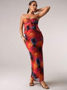 MaterniChic 2pcs Maternity Set: Tie-Dye Print Twist Tube Top & Extra Long Skirt, Summer - Red - View 3