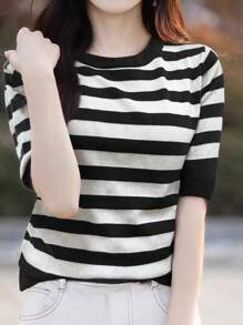 EMERY ROSE Striped Half Sleeve Pullover Sweater, Minimalist & Fashionable, Suitable For Summer - Black and White - View 4