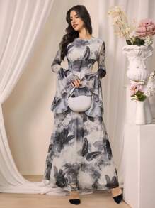 Modelyn Butterfly Print Elastic Waist Ruffle Hem Dress For Women - Black and White - View 4