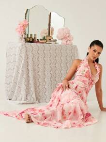 Enchnt Vestido largo con cuello halter sin espalda, volantes y estampado floral romántico de mujer elegante para primavera/verano, ideal para vacaciones, citas dulces y temporada de graduación. Vestidos elegantes de mujer y vestidos de verano