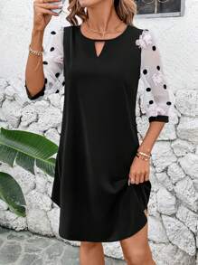 SHEIN Clasi Women's Elegant Round Neck Polka Dot 3D Floral H-Line Mini Dress, Suitable For Casual, Street, Holiday Wear Summer Dresses For Women