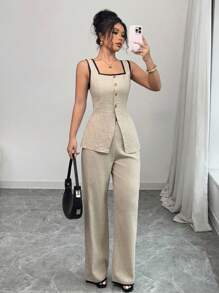 SHEIN PETITE 2pcs/Set Women Spring/Summer Casual Commuter Minimalist Style Contrast Color Patchwork Blouse And Pants Set - Apricot - View 1