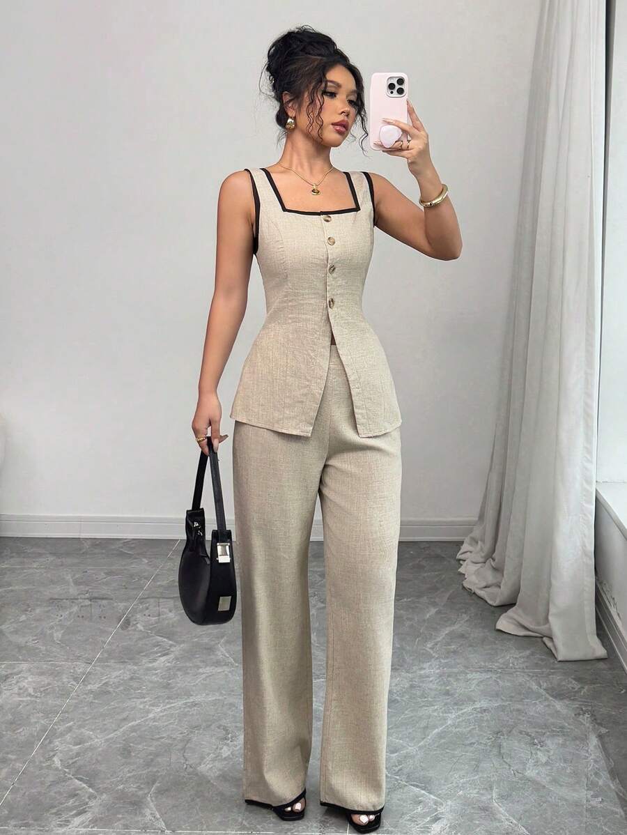 SHEIN PETITE 2pcs/Set Women Spring/Summer Casual Commuter Minimalist Style Contrast Color Patchwork Blouse And Pants Set - Apricot - View 1
