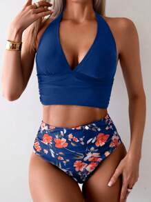 SHEIN Swim Women's Tank Top & Tankini 2 Pieces Swimwear For Summer Beach Vacation - Blue - View 3