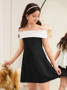 SHEIN Serisse Kids Tween Girls Solid Contrast Off Shoulder Strap Bow Decor Elegant Commute Dress, Fashionable French Style Graceful Dress, Back To School, Suitable For Prom, Birthday Party