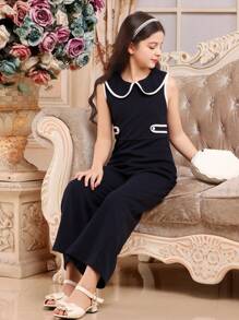 Tween Girl Ruffled Collar Sleeveless Wide Leg Fashionable Jumpsuit - Blue - View 2