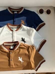 SHEIN 3件装男童撞色肩条纹印花Polo衫，适合度假、郊游和上学穿着 - 彩色 - 查看 7