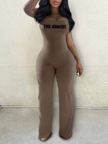 SHEIN Women's Letter Print Casual Flared Jumpsuit - Khaki - View 4