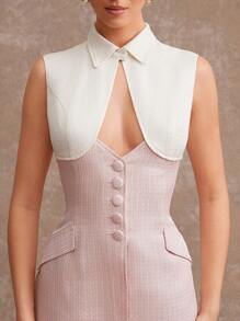 L'Amorae Colorblock Tweed Cut Out Button Elegant Business Casual Mini Dress, Summer Work Office Outfits For Women