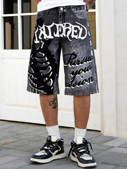Men's Gothic Letter Print Pocket Loose Denim Shorts, Halloween