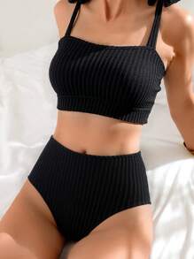 SHEIN Swim 2pcs/Set Solid Color Special Fabric Bandeau & Tie Shoulder Triangle Bottom Minimalist Casual Swimwear Set For Summer Beach Vacation - Black - View 1