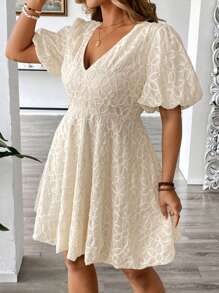 Vionelle 大码女式优雅提花 V 领收腰 A 字型泡泡袖短裙，适合通勤、休闲和度假，春夏季 - 杏色 - 查看 5