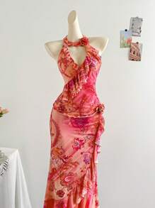 Soleia New Floral Print Halter Neck Ruffle Trim 3D Flower Tied Design Camisole Top - Pink - View 1