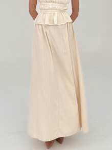 Aloruh 优雅通勤纯色简约百褶裙，修身长款正式 A 字裙 - 米色 - 查看 4