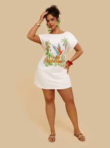 Travachic Tropischer Muster Große Größen Lässig Urlaub Strand lose Off-Shoulder Papagei Palme Gestricktes T-Shirt Kleid, Frauen Große Größen