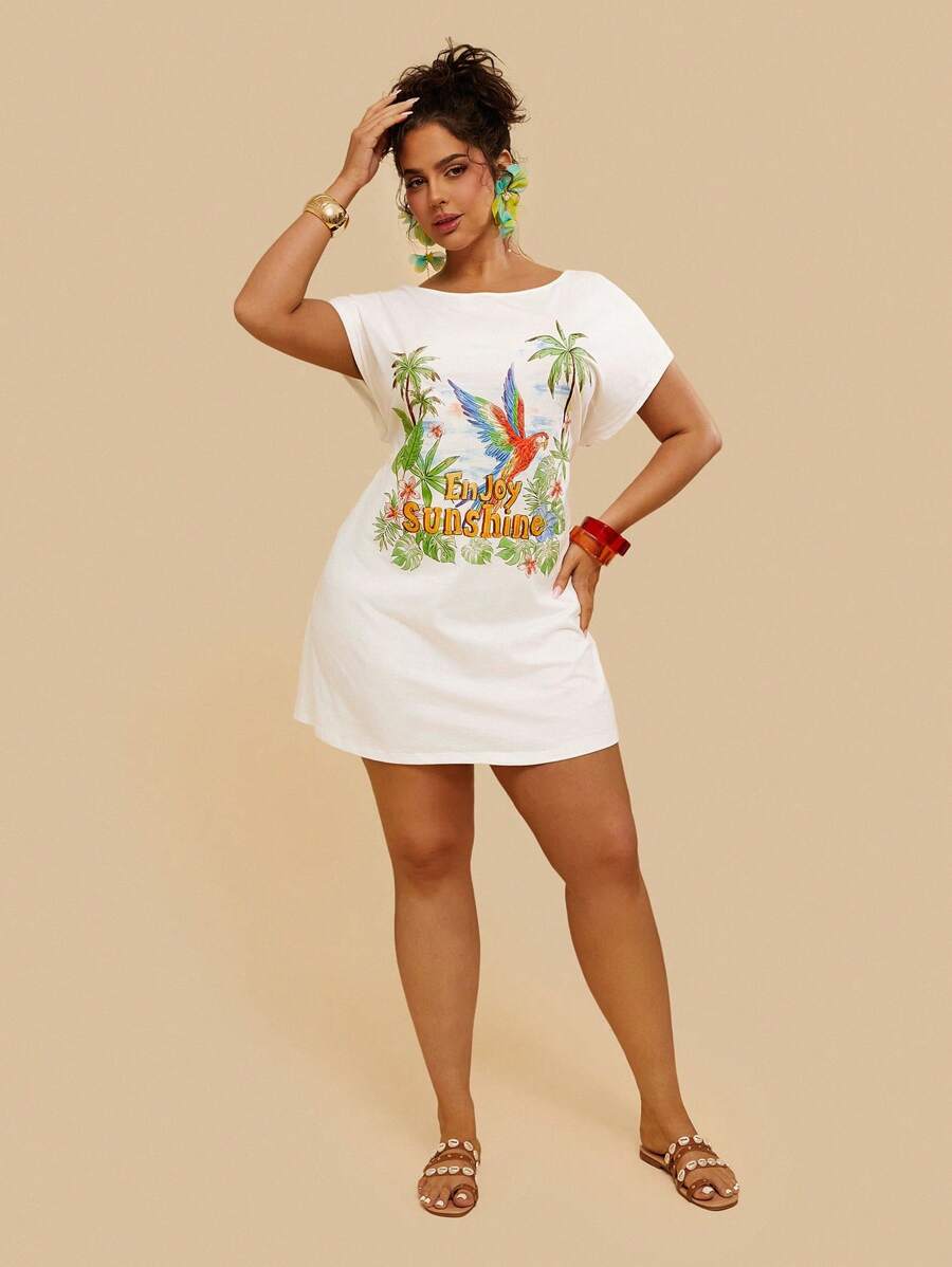 Travachic Tropischer Muster Große Größen Lässig Urlaub Strand lose Off-Shoulder Papagei Palme Gestricktes T-Shirt Kleid, Frauen Große Größen