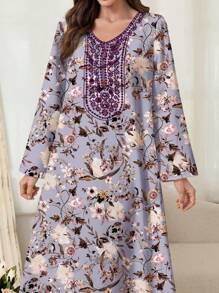 Al Najma 女士优雅花卉印花阿拉伯风格连衣裙，端庄 - 淺灰紫 - 查看 4