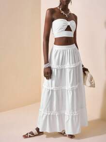 Slaydiva 新款春夏休闲度假性感优雅裹胸桃心领前镂空短款上衣+多层耳边拼接短裙长裙白色女两件套-B - 白色 - 查看 3