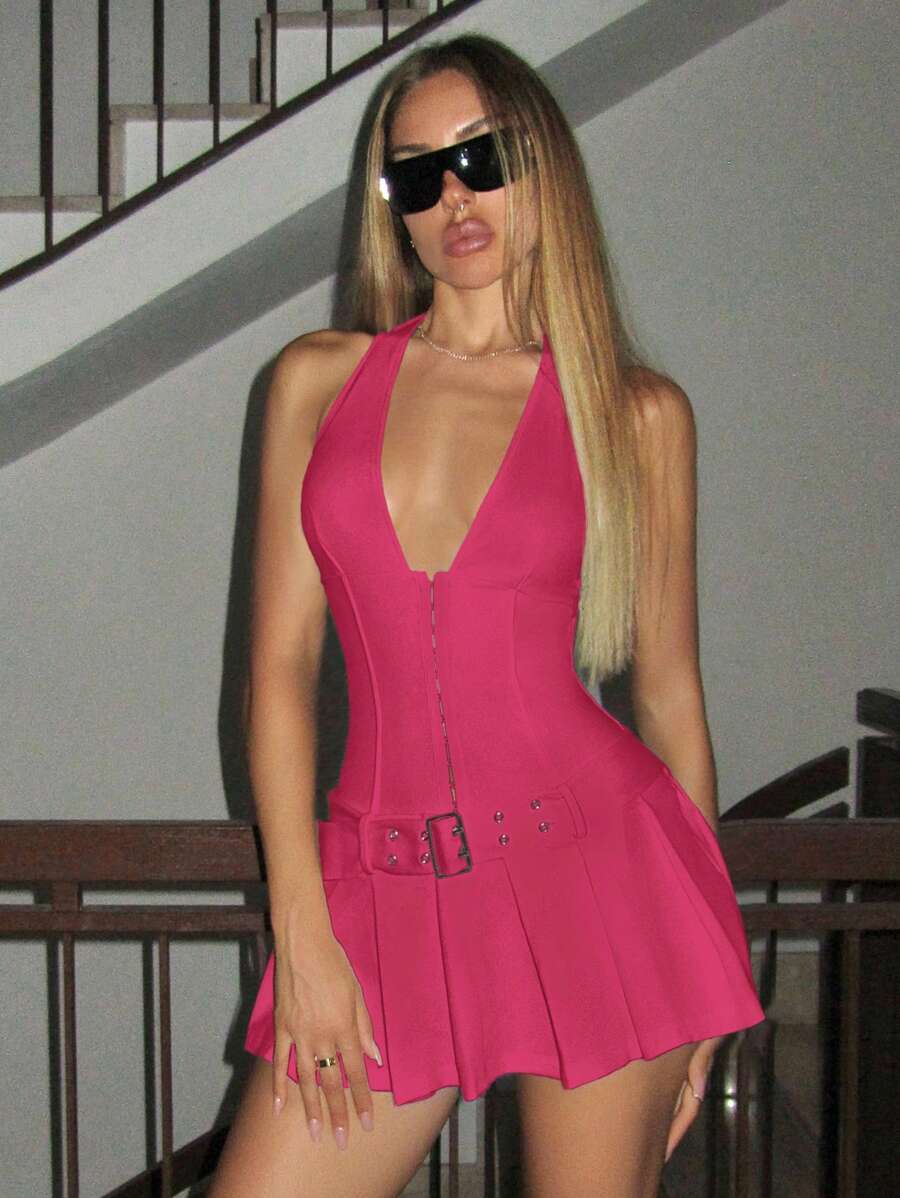 SHEIN ICON Deep V Metal Buckle Waist Belt Decorated Backless Mini Dress - Hot Pink - View 1