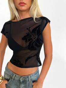 Aloruh 女士性感优雅透明植绒圆领短袖 T 恤