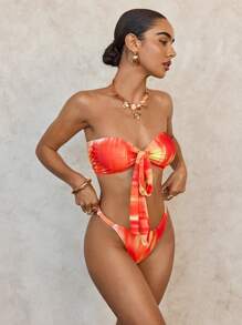 Swim Glamine 女士性感扎染印花基本款抹胸比基尼套装 - 紅色 - 查看 6