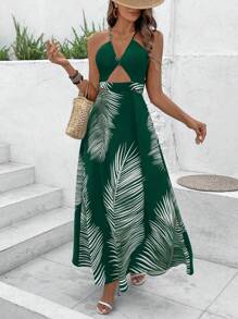 Breezaya Đầm Maxi hở lưng in họa tiết lá trang phục đi biển cho nữ - Màu xanh lá cây đậm - Xem 6