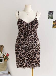 SHEIN WYWH 大码女式豹纹印花网眼连衣裙配长袖夹克，两件套