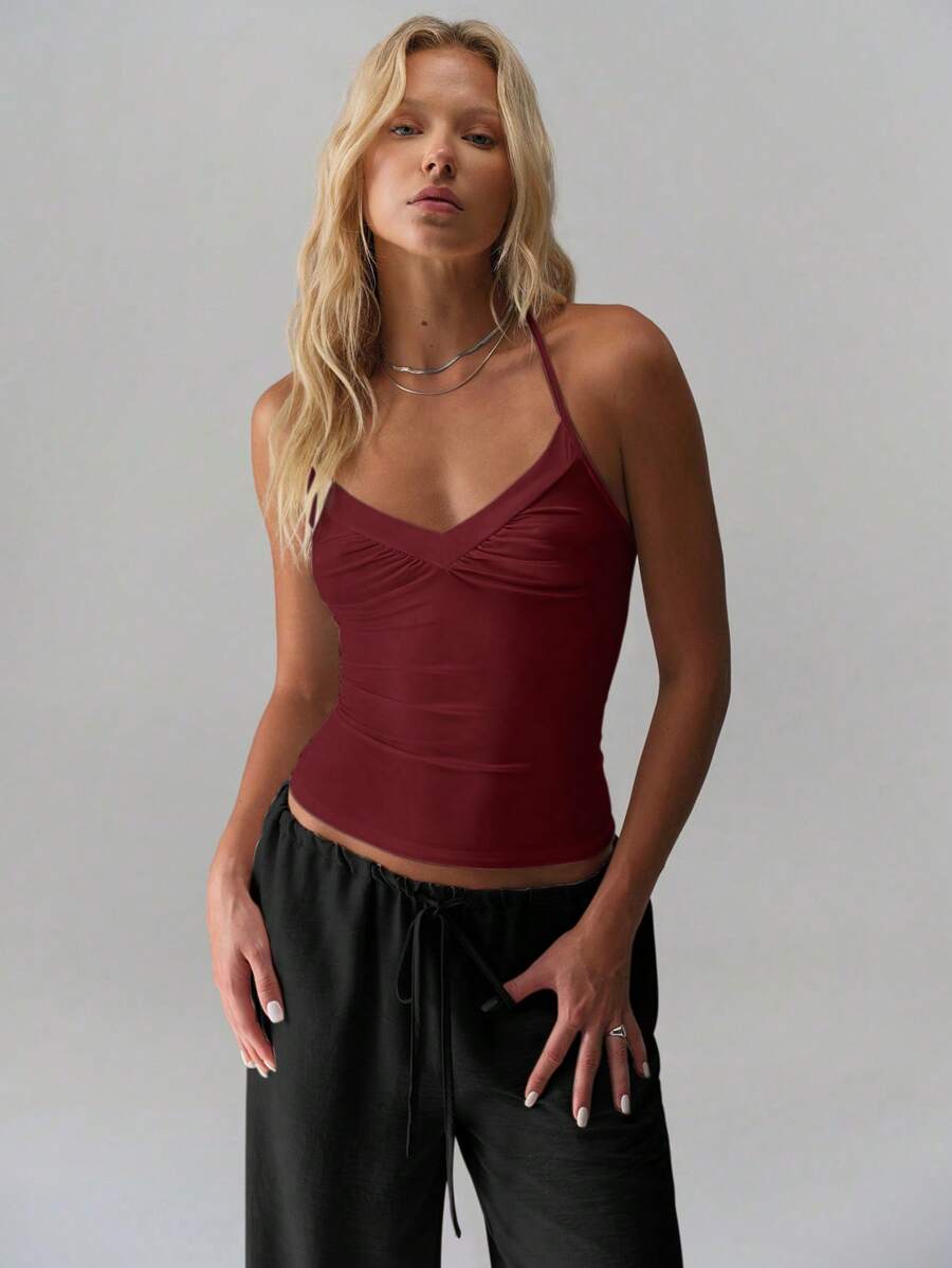 TRNVIE 女式 V 领细肩带吊带背心，配有系带，百搭白色汗衫 - 酒紅色 - 查看 1