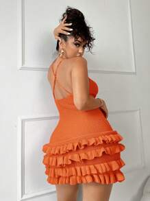 SHEIN SXY Summer Beach Vacation Colorful Plaid Crochet Strap Dress Swimsuit Cover-Up Orange Peplum Pumpkin - Orange - View 2