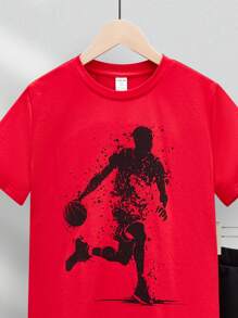 SHEIN 2pcs Tween Boy's Loose Fit Basketball Pattern Crew Neck Short Sleeve T-Shirt And Shorts Set - Red - View 4