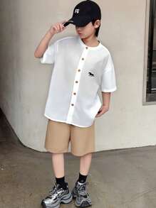 SHEIN 适合夏季的青少年男孩立领单排扣衬衫和短裤套装
