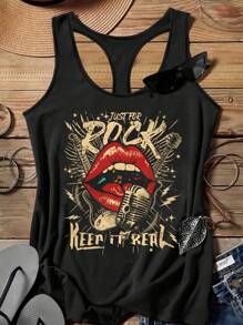 Attitoon Music Festival Lip Print Casual Minimalist Loose Plus Size Camisole Suitable For Summer
