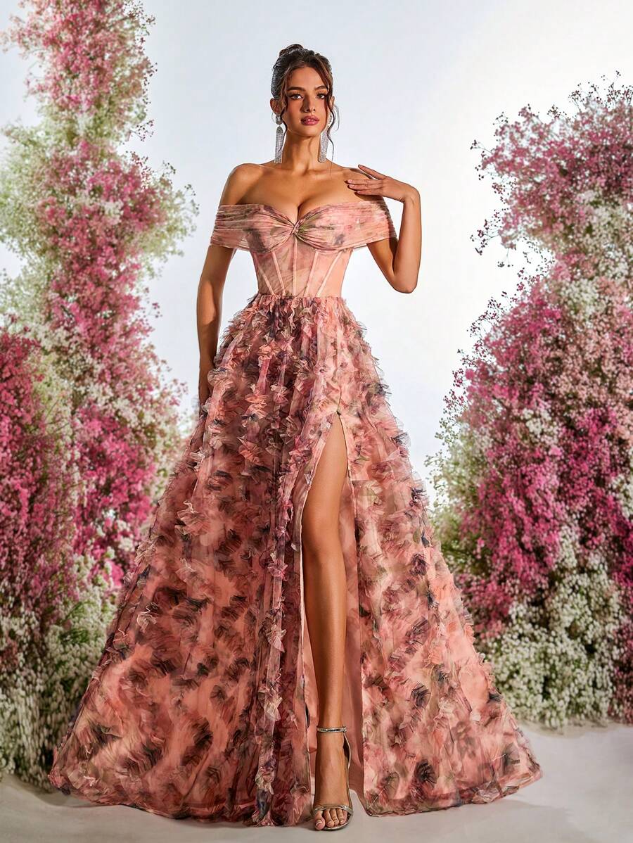 Glamrae Elegant Multi-Color Romantic Floral Net Yarn Off Shoulder High Slit Side Maxi A-Line Evening Dress, Formal, Party Dress, Gown, For Wedding Guest - Multicolor - View 1