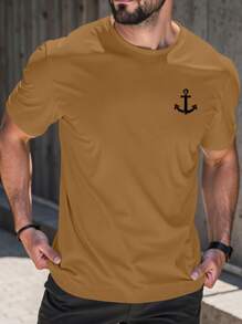 Manfinity Homme 男士船锚印花圆领短袖休闲T恤 男士T恤 男士T恤 男士服装 男士T恤 - 棕色 - 查看 1