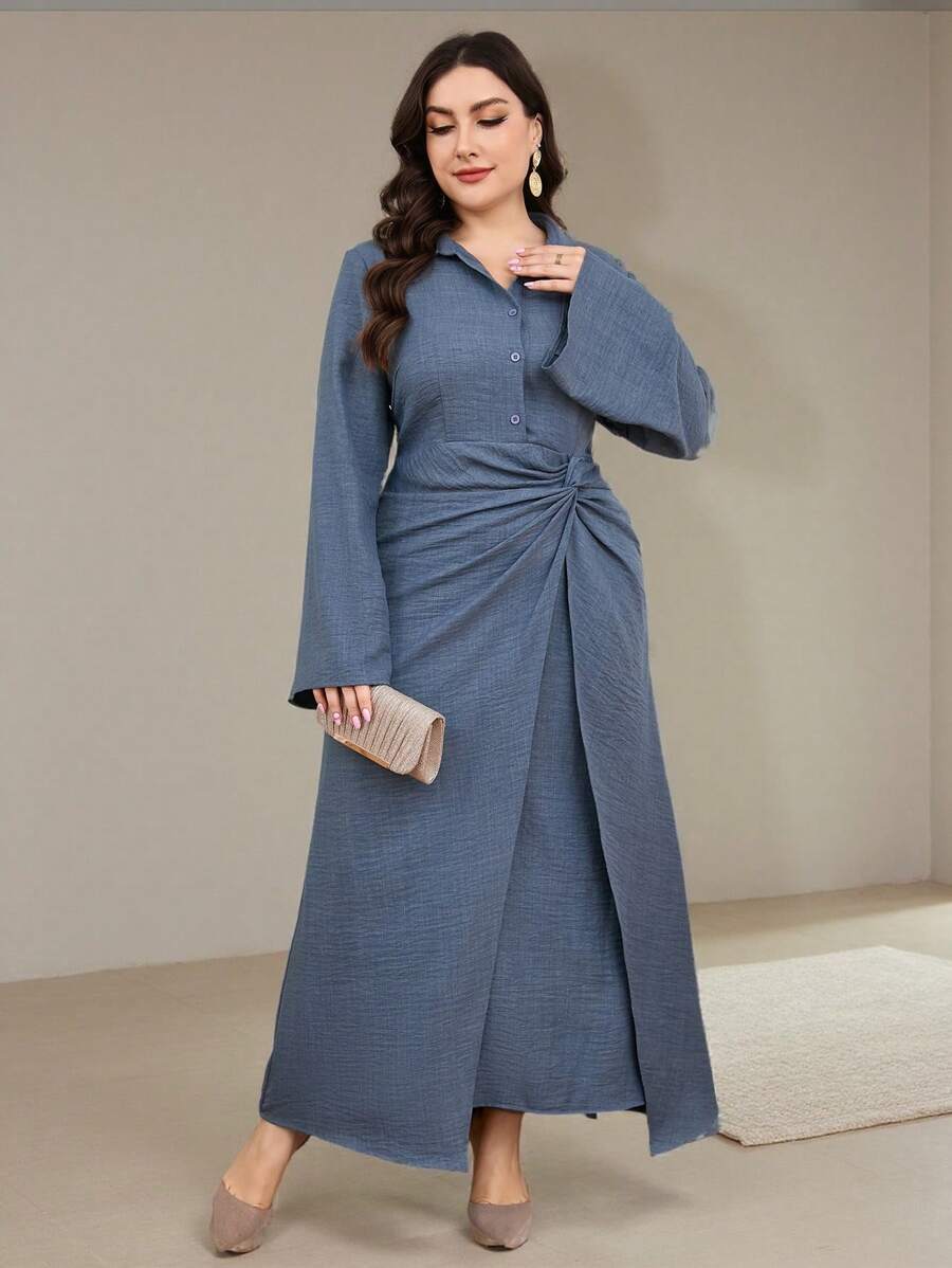Veilorie Plus Size Women's Solid Color Twist Wrap-Around Open Slit Arabian Dress - Blue - View 1
