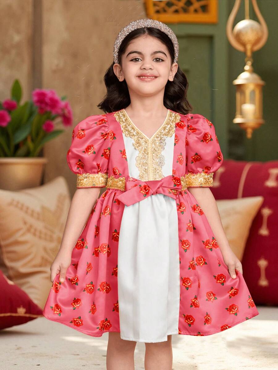 SHEIN Young Girls Purple Floral Print Princess Dress With Puff Sleeve, Suitable For School, Party, Decoration, Girls Daily Wear, Family Occasions And Special Celebrations - Pink - View 1