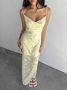 Aloruh Robe longue dos nu à fleurs en dentelle avec col drapé, jaune clair, pour femme. Convient pour les mariages, les vacances et les sorties. Style printemps et été. - Jaune citron - Voir 3