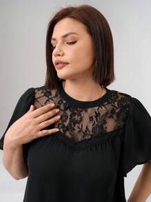 SHEIN Clasi Plus Size Solid Color Elegant Lace Patchwork Loose Blouse,Suitable For Workplace, Afternoon Tea, Date, Concert, Party, Retro College Style, Elegant Blouses For Women, Lace Tops For Women