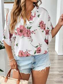 Breezaya Plus Size Ditsy Floral V-Neck Short Cap Sleeve Blouse
