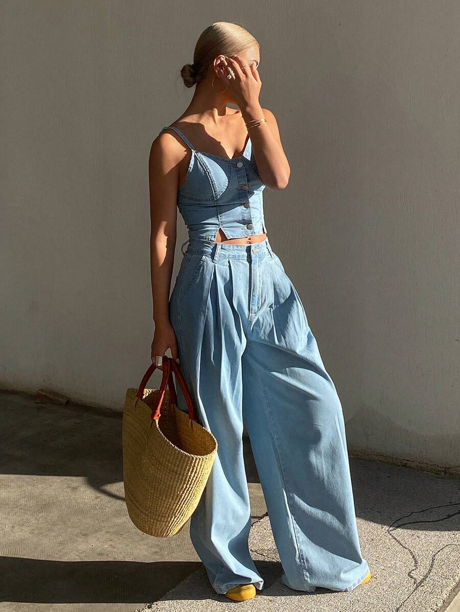 Livesso 女式牛仔吊带背心和阔腿裤两件套 - 淺色水洗藍 - 查看 1