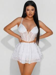 Zolique Conjunto de 2 piezas para mujer compuesto por una falda con volantes cómoda y alegre para primavera y un camisol con encaje y soporte en forma de V - Blanco - Ver 1