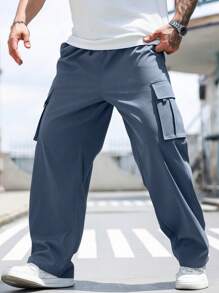 Manfinity Homme Plus Size Men's Casual Solid Color Drawstring Waist Cargo Pants - Dusty Blue - View 4