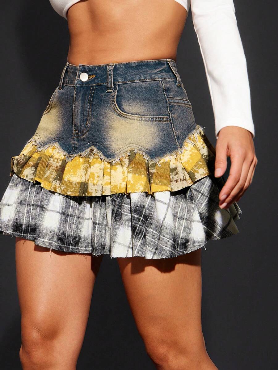 Denimoi 酸洗格子对比分层复古色调裙子 - 彩色 - 查看 1