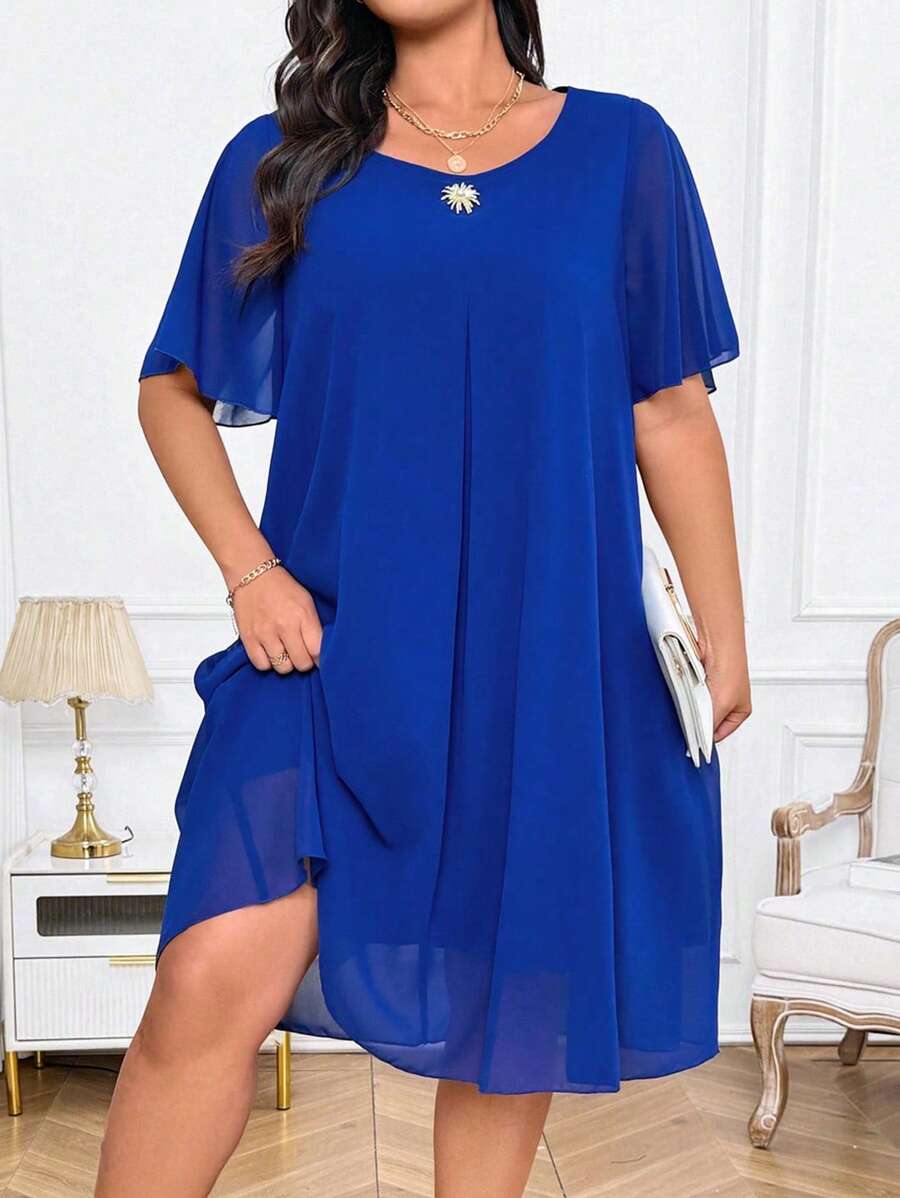 SHEIN LUNE 女士大码夏季休闲优雅海军蓝圆领宽松 A 字型时尚焕发荷叶边袖装饰纽扣雪纺连衣裙 - 寶藍色 - 查看 1